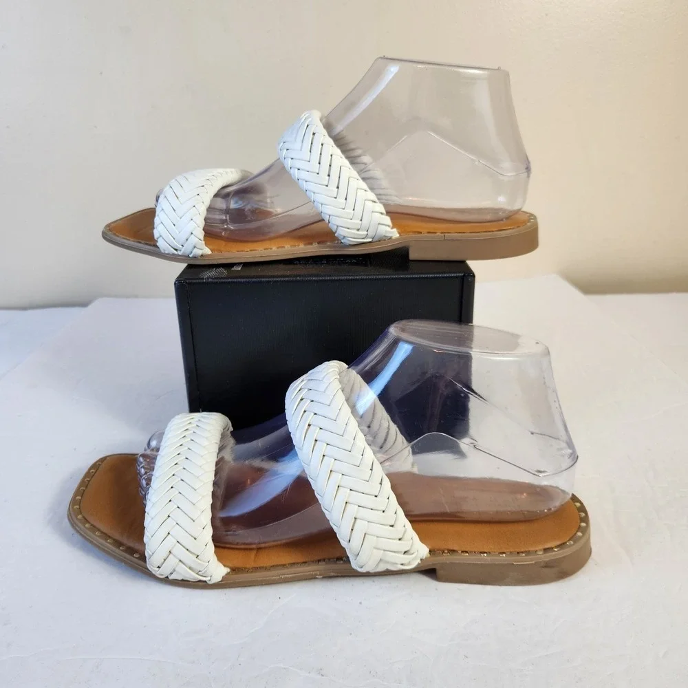 Nicole Miller Oby Double Braided Flat Sandals Womens Size 8.5 White Dress Slides